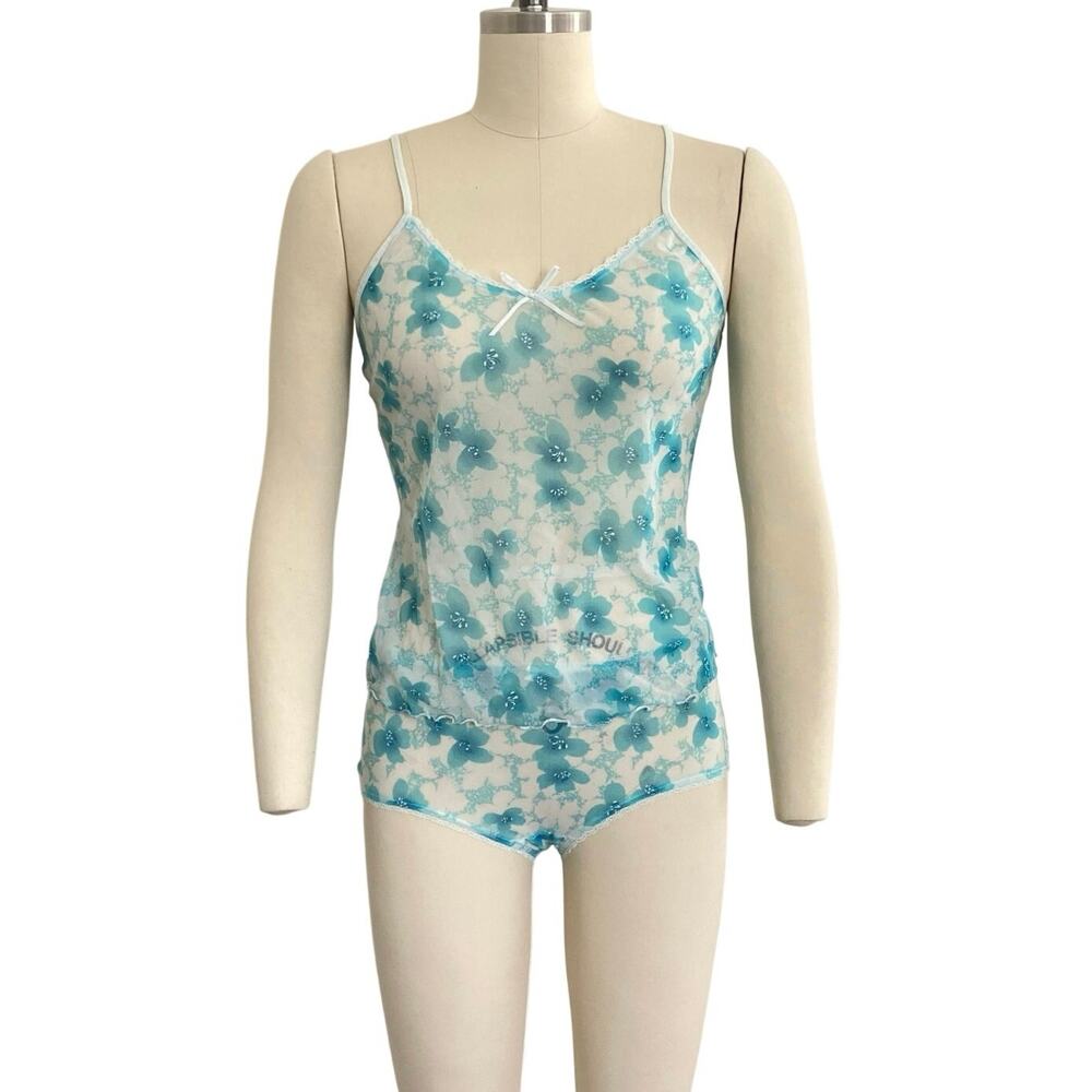 Vintage Warner's Teal Floral Mesh Camisole Panty Set